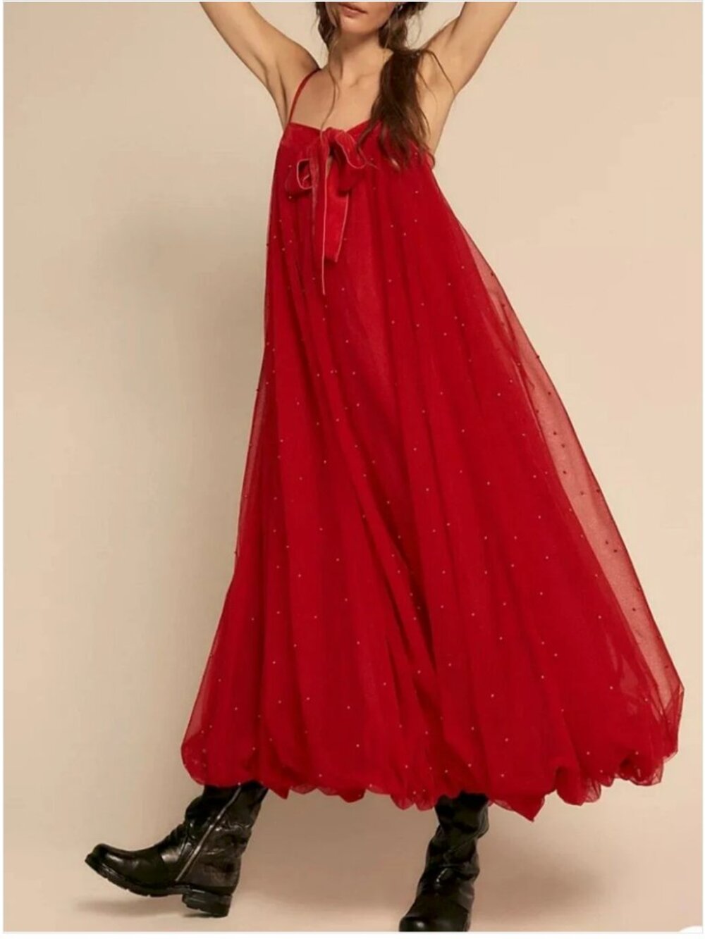 Free People NWT Flowy Tiered Pearl Embellished Red Tulle Maxi Dress size S